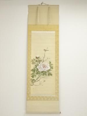 杏月筆　牡丹　肉筆絹本掛軸（保護箱）